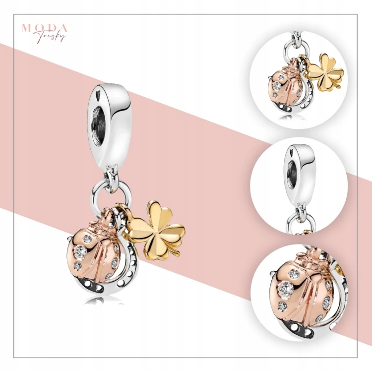 Charms Atrybuty Szczęścia z trzema symbolicznymi elementami: podkową, czterolistną koniczynką oraz biedronką. Ozdobna zawieszka Amélioré do bransoletki modułowej, łącząca motywy szczęścia, pomyślności i pozytywnej energii.