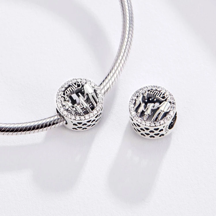Charms Rodzina Family przedstawiający rodzinę i napis Family, otoczony błyszczącymi białymi cyrkoniami. Symboliczna zawieszka do bransoletki modułowej podkreślająca miłość, bliskość i trwałe więzi z najbliższymi.